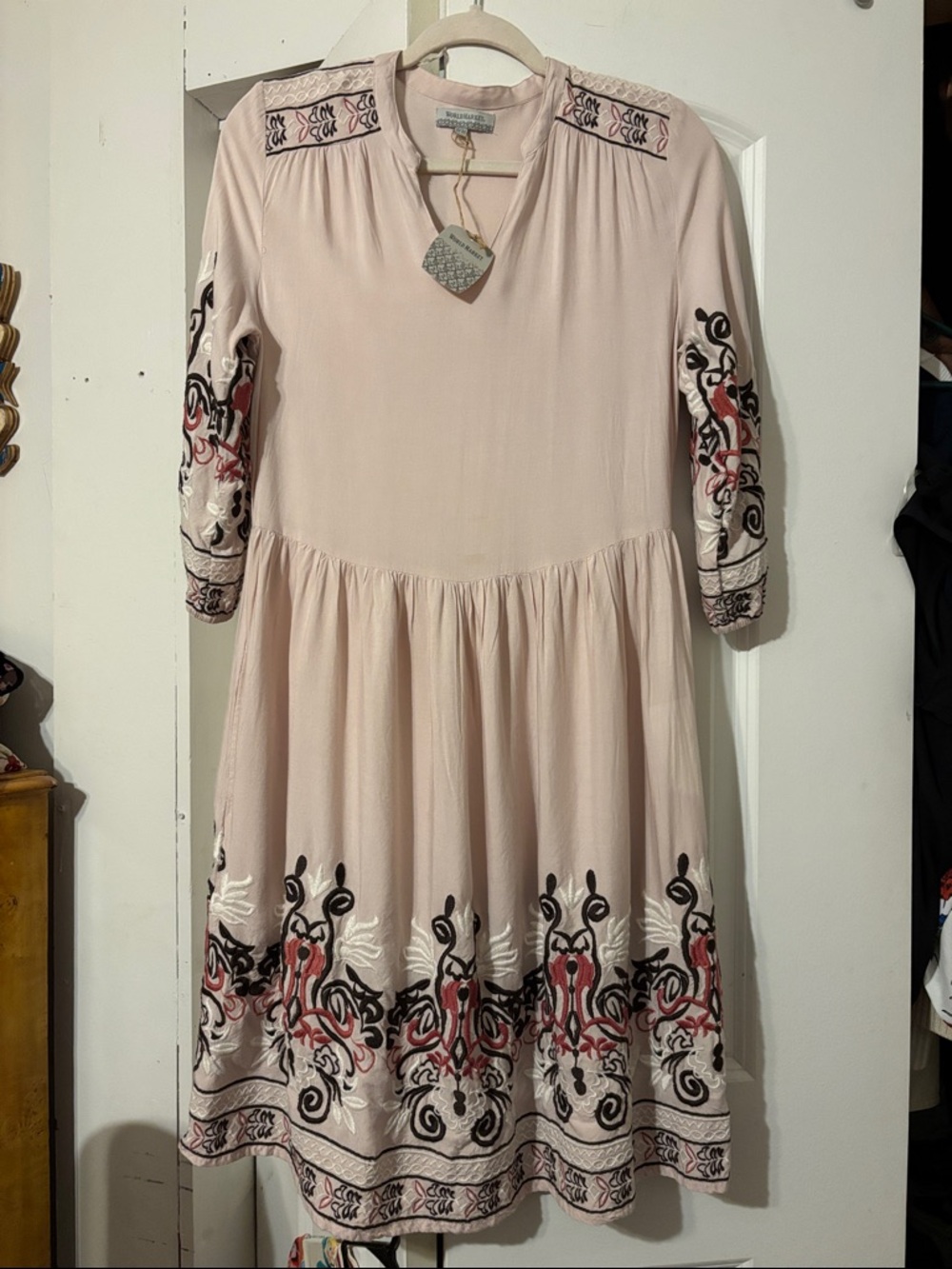 Cost Plus World Market Blush Pink Midi Dress with Black and Rose Embroidery